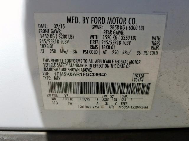 1FM5K8AR1FGC08640 - 2015 FORD EXPLORER POLICE INTERCEPTOR  photo 10