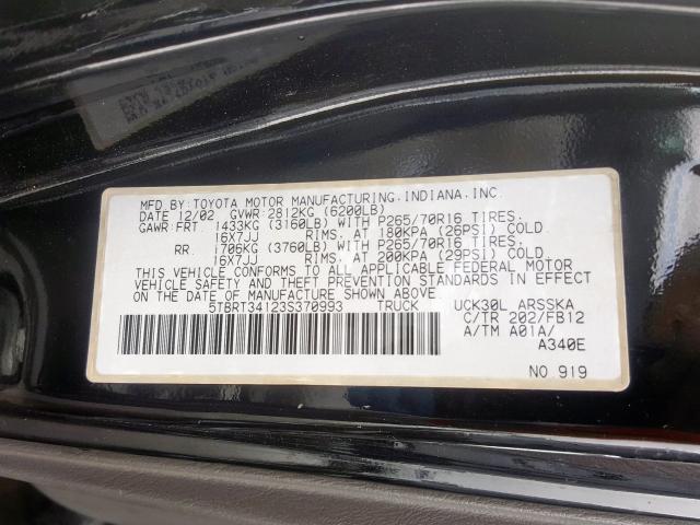 5TBRT34123S370993 - 2003 TOYOTA TUNDRA ACCESS CAB SR5  photo 10