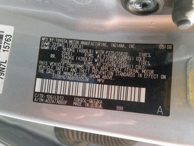 5TDBY67A68S020538 - 2008 TOYOTA SEQUOIA PLATINUM  photo 10