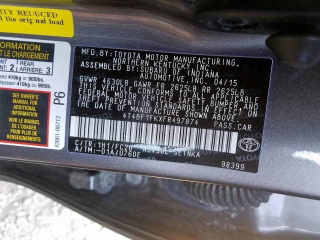 4T4BF1FKXFR497874 - 2015 TOYOTA CAMRY LE  photo 10