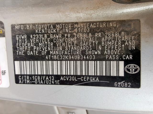 4T1BE32K94U834403 - 2004 TOYOTA CAMRY LE  photo 10