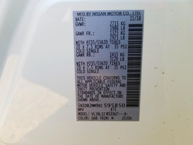 5N1DR2MM9KC595850 - 2019 NISSAN PATHFINDER S  photo 10