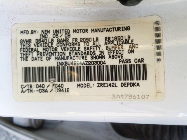 1NXBU4EE4AZ203004 - 2010 TOYOTA COROLLA BASE  صورة 10