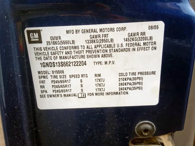 1GNDS13S662122204 - 2006 CHEVROLET TRAILBLAZER LS  photo 10