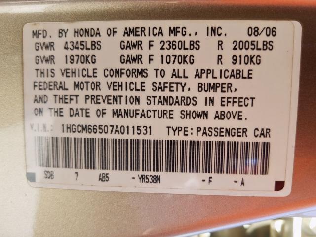 1HGCM66507A011531 - 2007 HONDA ACCORD EX  photo 10