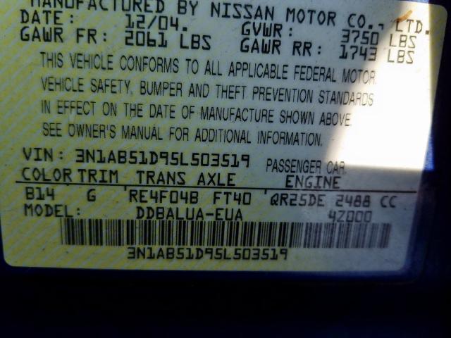 3N1AB51D95L503519 - 2005 NISSAN SENTRA SE-R SPEC V  photo 10