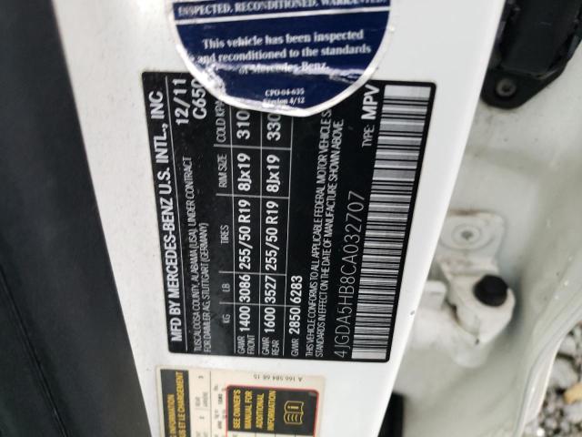 4JGDA5HB8CA032707 - 2012 MERCEDES-BENZ ML 350 4MATIC WHITE photo 12