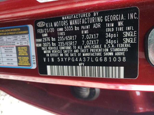 5XYPG4A37LG681038 - 2020 KIA SORENTO L RED photo 12