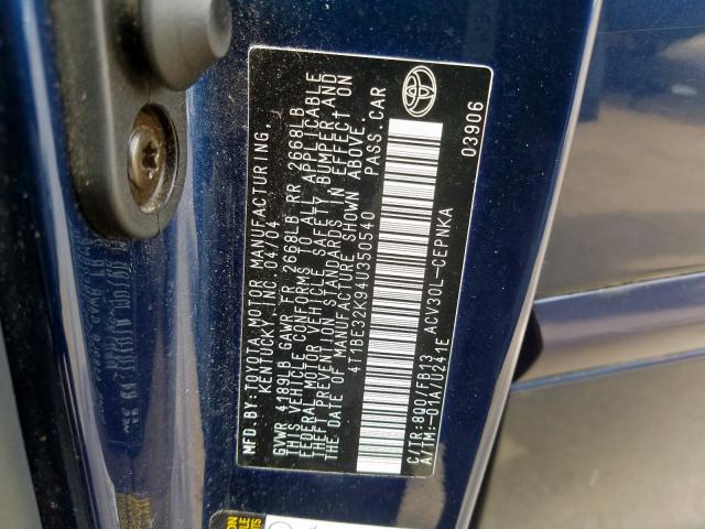 4T1BE32K94U350540 - 2004 TOYOTA CAMRY LE  photo 10