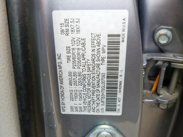 5J8TB3H75GL007093 - 2016 ACURA RDX ADVANCE  photo 10