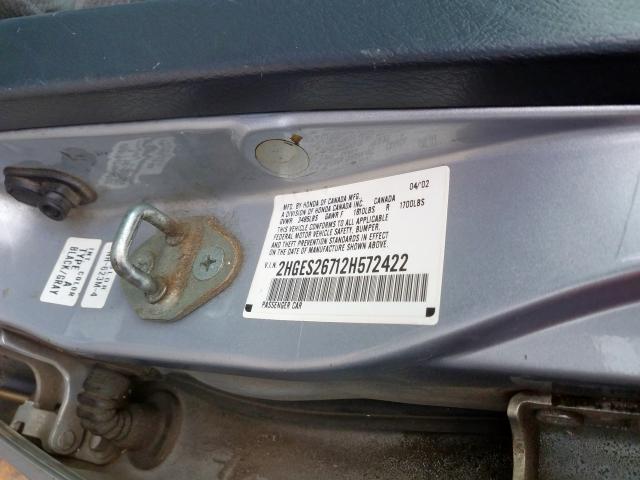 2HGES26712H572422 - 2002 HONDA CIVIC EX  photo 10