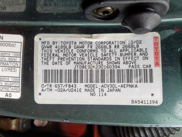 JTDBE32K230160394 - 2003 TOYOTA CAMRY LE  photo 10