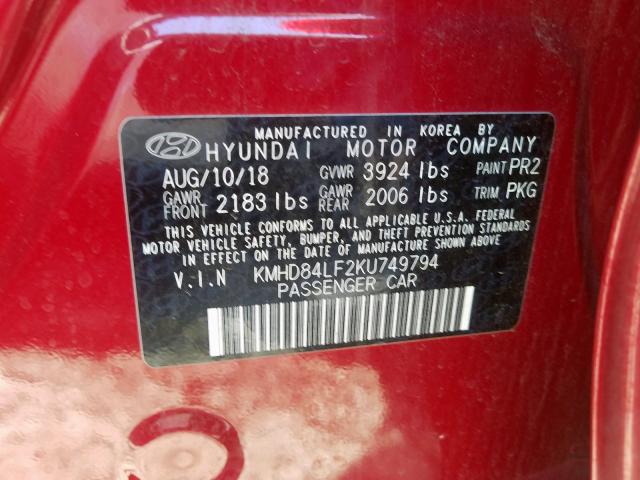 KMHD84LF2KU749794 - 2019 HYUNDAI ELANTRA SEL  photo 10