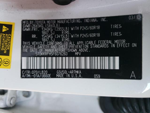 5TDKKRFH5FS076260 - 2015 TOYOTA HIGHLANDER XLE თეთრი ფოტო 13