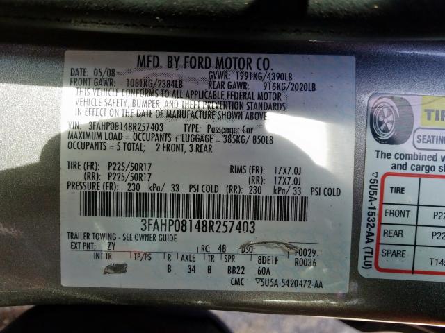 3FAHP08148R257403 - 2008 FORD FUSION SEL  photo 10