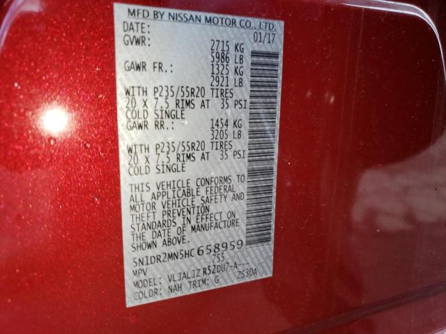 5N1DR2MN5HC658959 - 2017 NISSAN PATHFINDER S RED photo 13