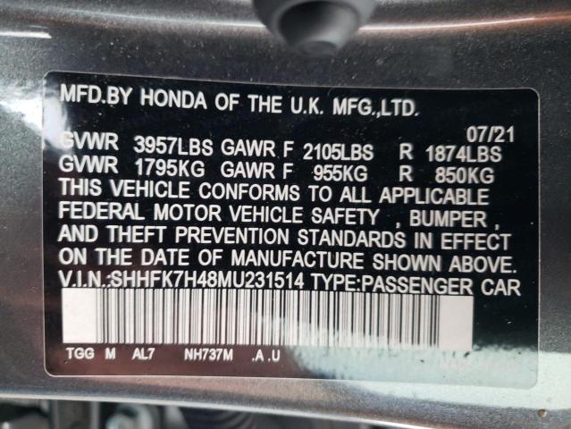 SHHFK7H48MU231514 - 2021 HONDA CIVIC SPORT 灰色 照片 12