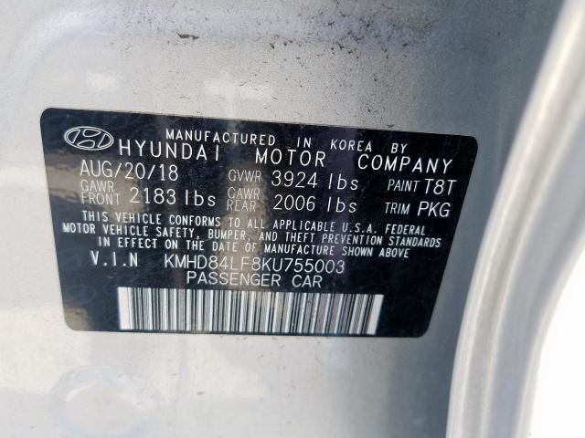 KMHD84LF8KU755003 - 2019 HYUNDAI ELANTRA SEL  photo 10