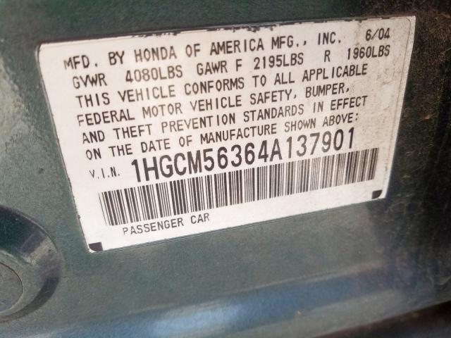 1HGCM56364A137901 - 2004 HONDA ACCORD LX  photo 10