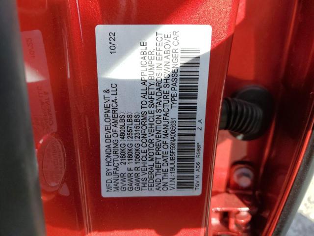 19UUB5F59NA005681 - 2022 ACURA TLX TECH A RED photo 12