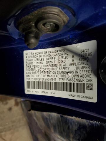 2HGFC2F8XMH557947 - 2021 HONDA CIVIC SPORT 蓝色 照片 12