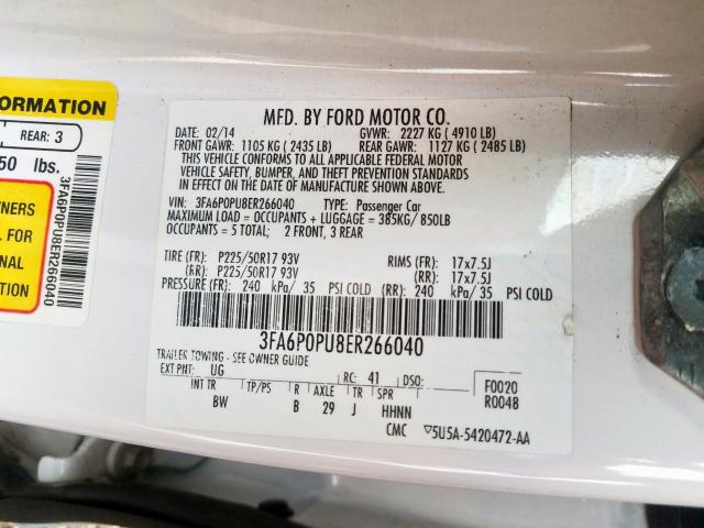 3FA6P0PU8ER266040 - 2014 FORD FUSION SE PHEV  photo 10