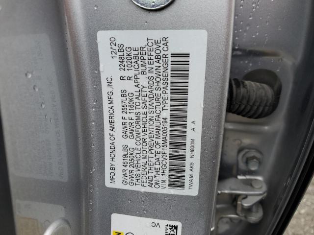 1HGCV3F15MA005194 - 2021 HONDA ACCORD HYBRID SILVER photo 12