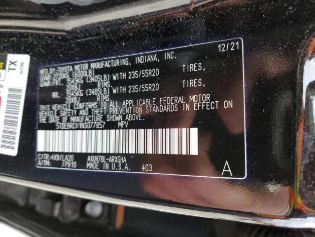 5TDEBRCH1NS077857 - 2022 TOYOTA HIGHLANDER HYBRID PLATINUM BLACK photo 12