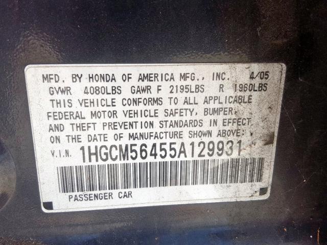 1HGCM56455A129931 - 2005 HONDA ACCORD LX  photo 10