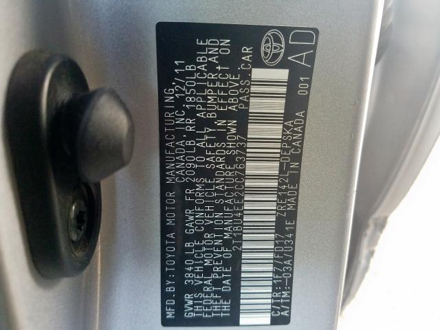 2T1BU4EE2CC763737 - 2012 TOYOTA COROLLA BASE  photo 10