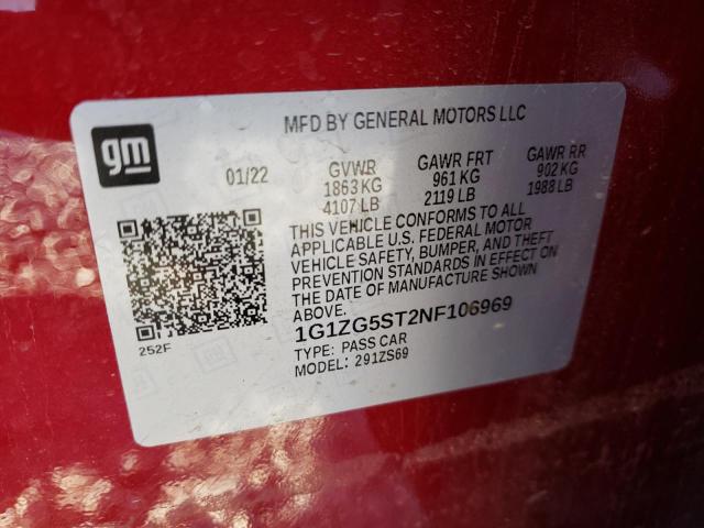 1G1ZG5ST2NF106969 - 2022 CHEVROLET MALIBU RS RED photo 12