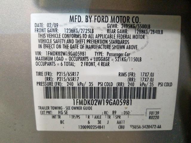 1FMDK02W19GA05981 - 2009 FORD TAURUS X SEL  photo 10