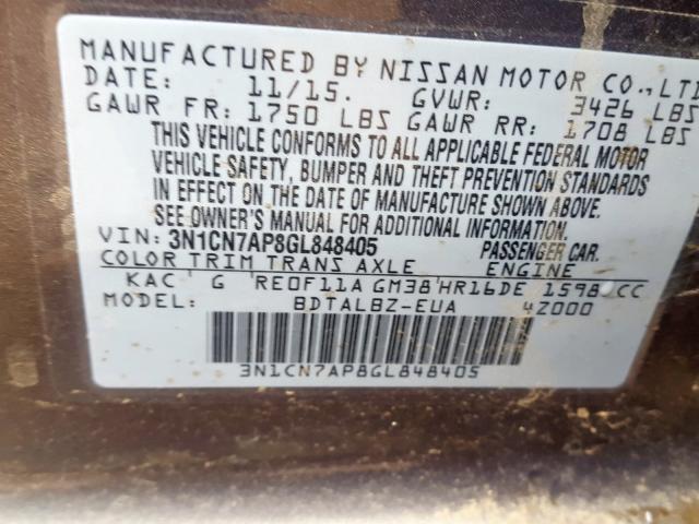 3N1CN7AP8GL848405 - 2016 NISSAN VERSA S  photo 10