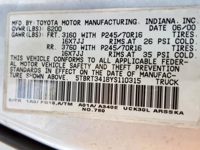 5TBRT3418YS110315 - 2000 TOYOTA TUNDRA ACCESS CAB  photo 10