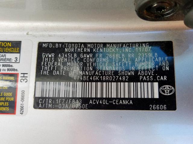 4T4BE46K18R027482 - 2008 TOYOTA CAMRY CE  photo 10