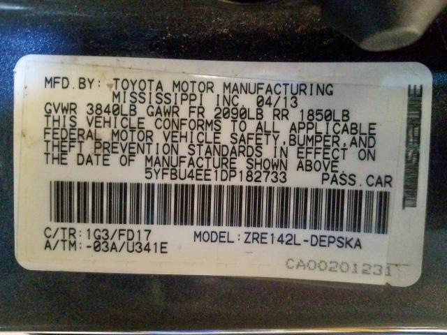 5YFBU4EE1DP182733 - 2013 TOYOTA COROLLA BASE  照片 10