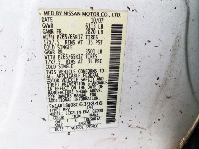 5N1AR18B08C639846 - 2008 NISSAN PATHFINDER S  照片 10