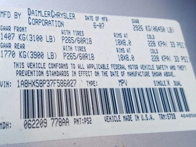 1A8HX58P37F586027 - 2007 CHRYSLER ASPEN LIMITED  ფოტო 10