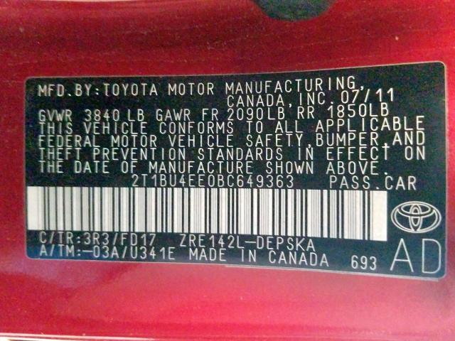 2T1BU4EE0BC649363 - 2011 TOYOTA COROLLA BASE  照片 10