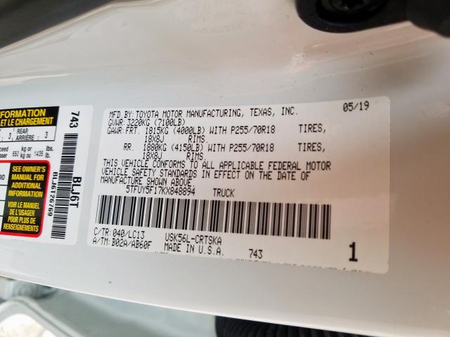 5TFUY5F17KX848894 - 2019 TOYOTA TUNDRA DOUBLE CAB SR/SR5  photo 10