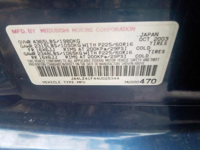 JA4LZ41F44U025344 - 2004 MITSUBISHI OUTLANDER XLS  photo 10