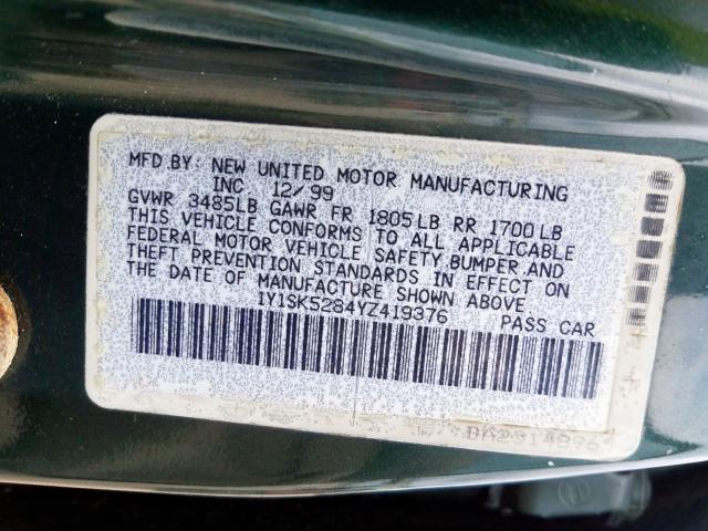 1Y1SK5284YZ419376 - 2000 CHEVROLET GEO PRIZM BASE  photo 10