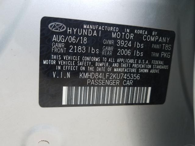 KMHD84LF2KU745356 - 2019 HYUNDAI ELANTRA SEL  photo 10