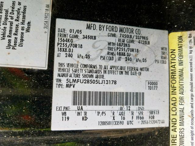 5LMFU28505LJ13178 - 2005 LINCOLN NAVIGATOR  照片 10