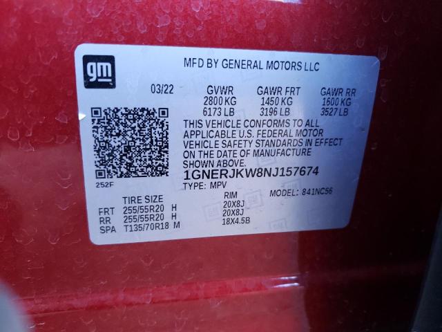 1GNERJKW8NJ157674 - 2022 CHEVROLET TRAVERSE RS RED photo 13