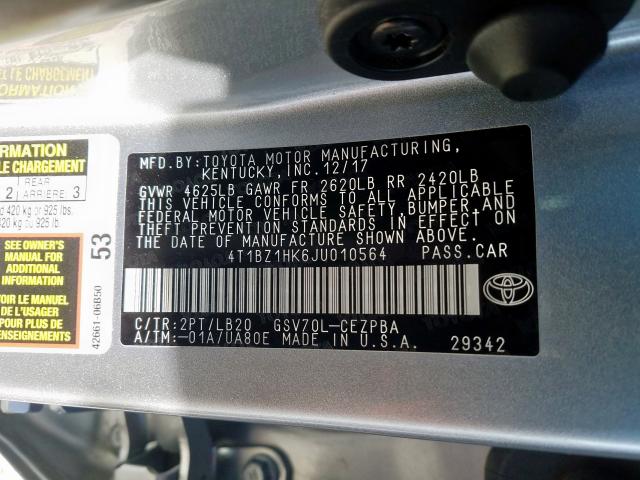 4T1BZ1HK6JU010564 - 2018 TOYOTA CAMRY XSE  photo 10