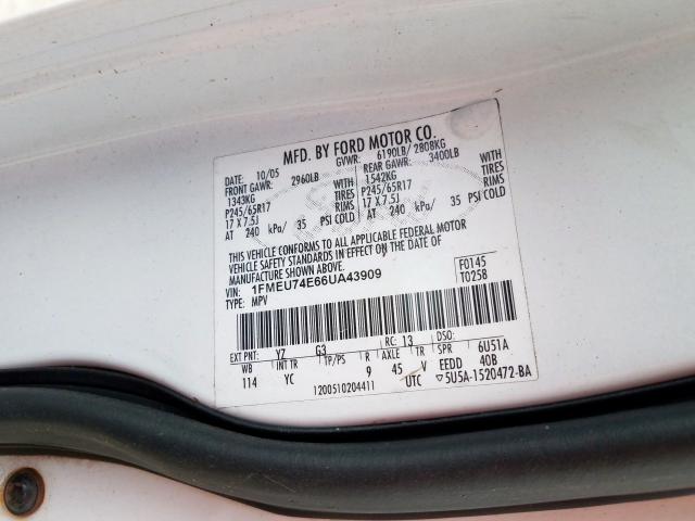 1FMEU74E66UA43909 - 2006 FORD EXPLORER EDDIE BAUER  photo 10