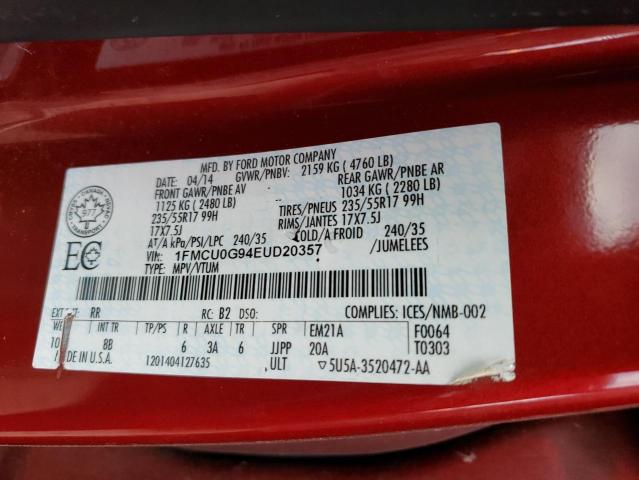 1FMCU0G94EUD20357 - 2014 FORD ESCAPE SE RED photo 12