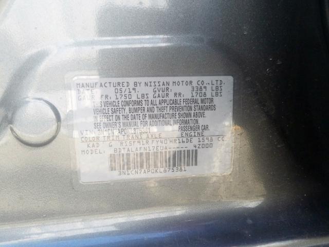 3N1CN7AP0KL875381 - 2019 NISSAN VERSA S  photo 10