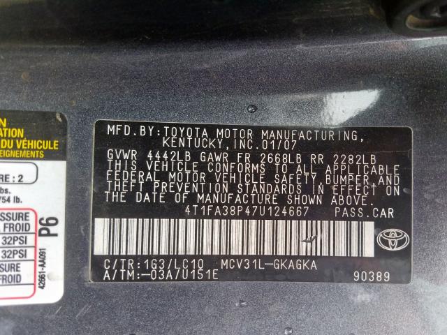 4T1FA38P47U124667 - 2007 TOYOTA CAMRY SOLARA SE  photo 10